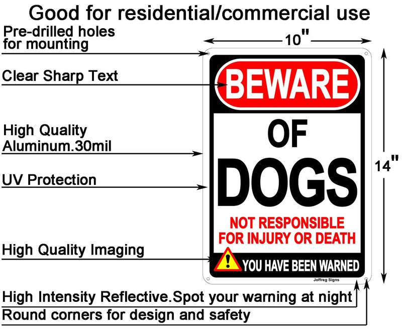 Joffreg Beware of Dog Sign,Dog Warning Sign,14 x 10 Inches,Reflective Aluminum,UV Printed,Weather Resistant,Waterproof,Durable Ink,Easy to Mount,Indoor Or Outdoor Use,2 Pack - Image 2